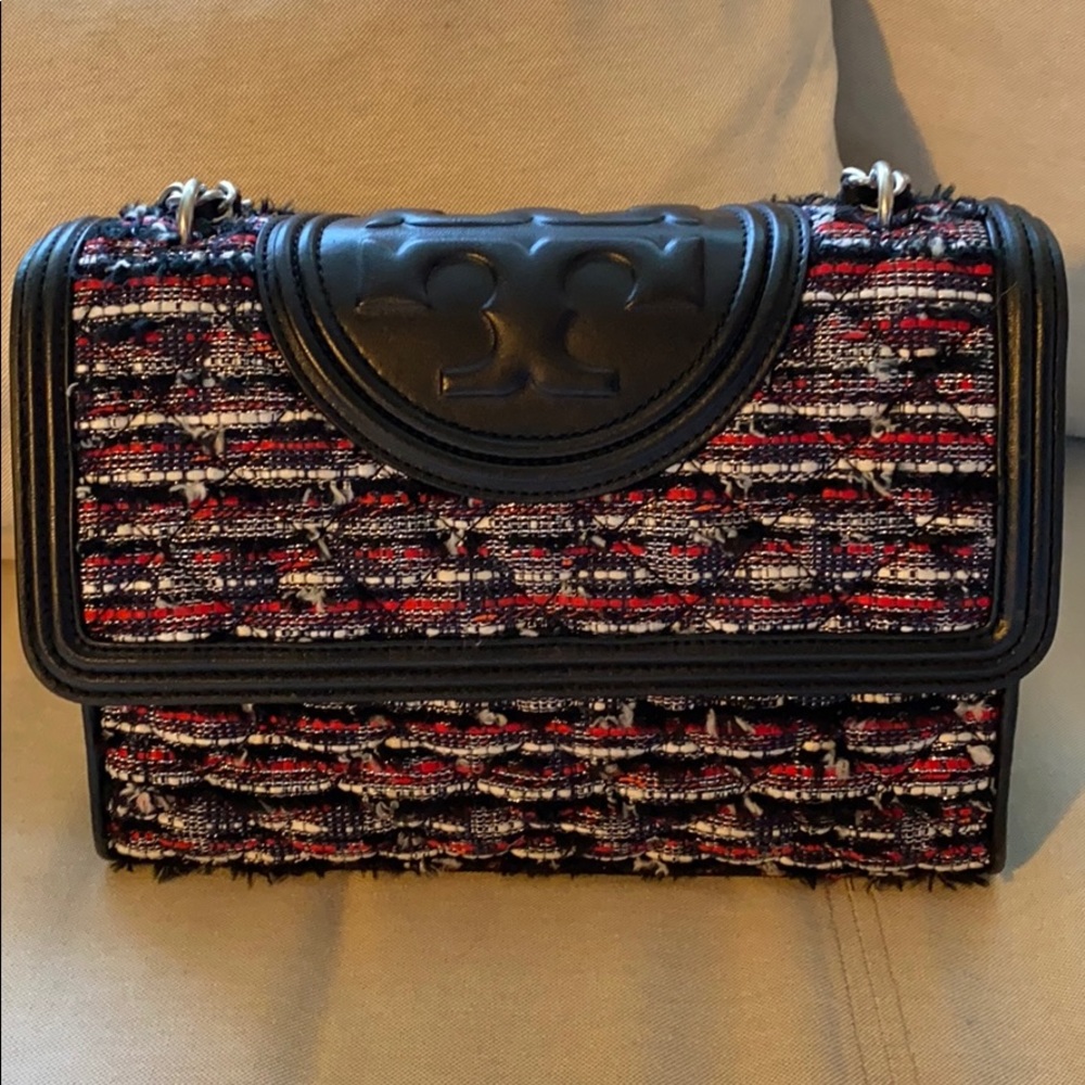 Tory Burch Black and Red Tweed Shoulder Bag